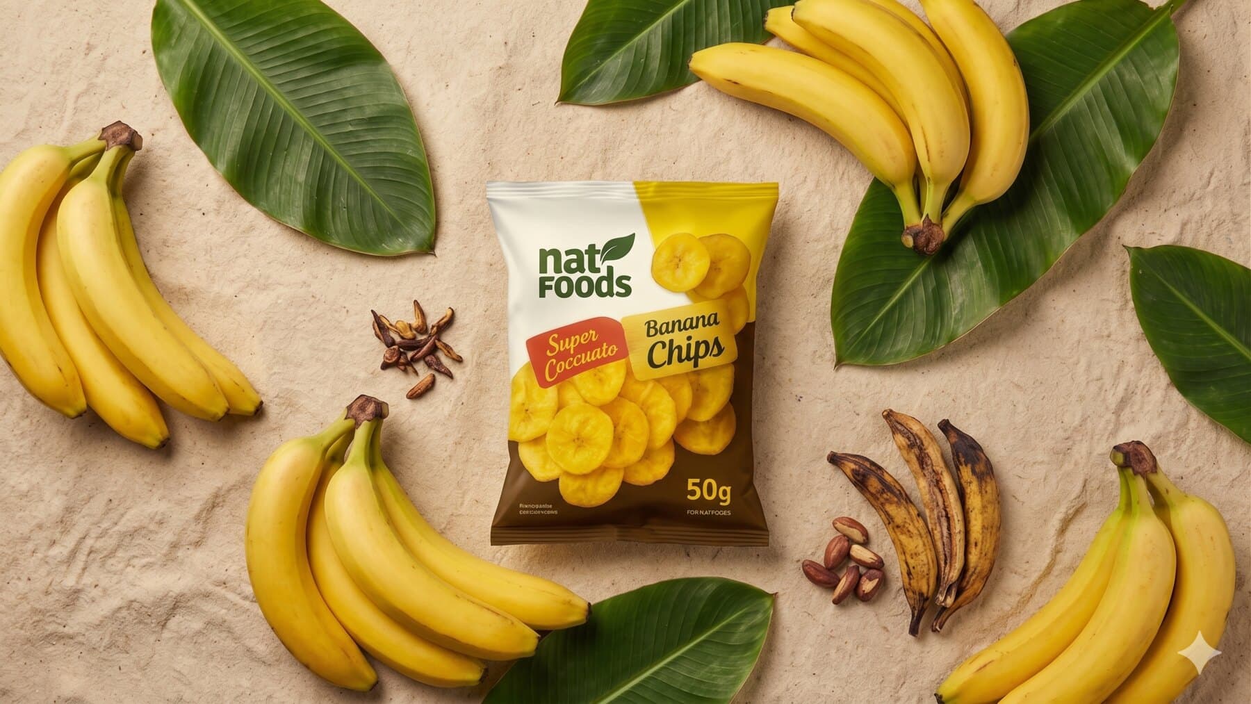 Bananas, folhas e pacote Natfoods sobre textura natural